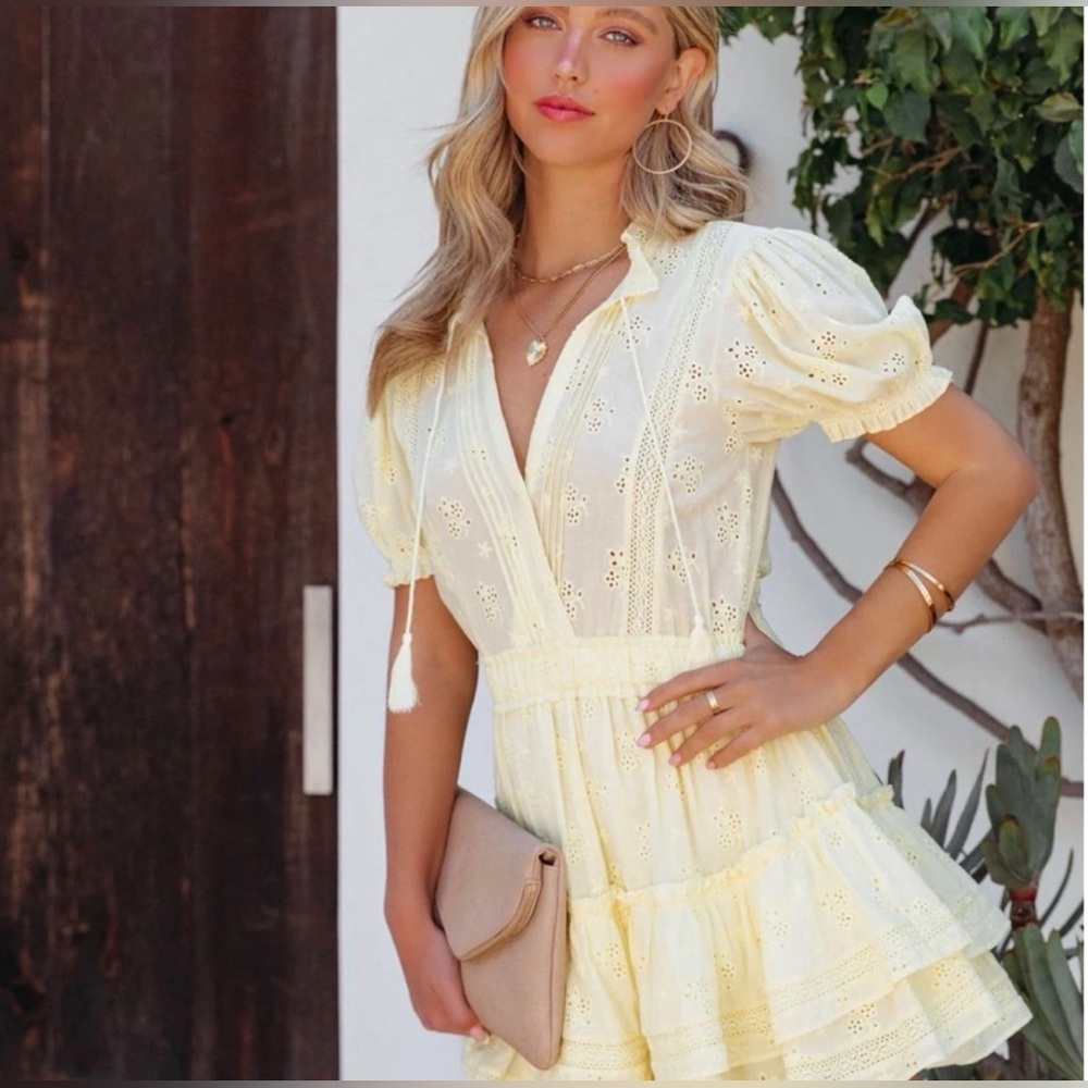 Vici Pale Yellow Eyelet Mini Dress